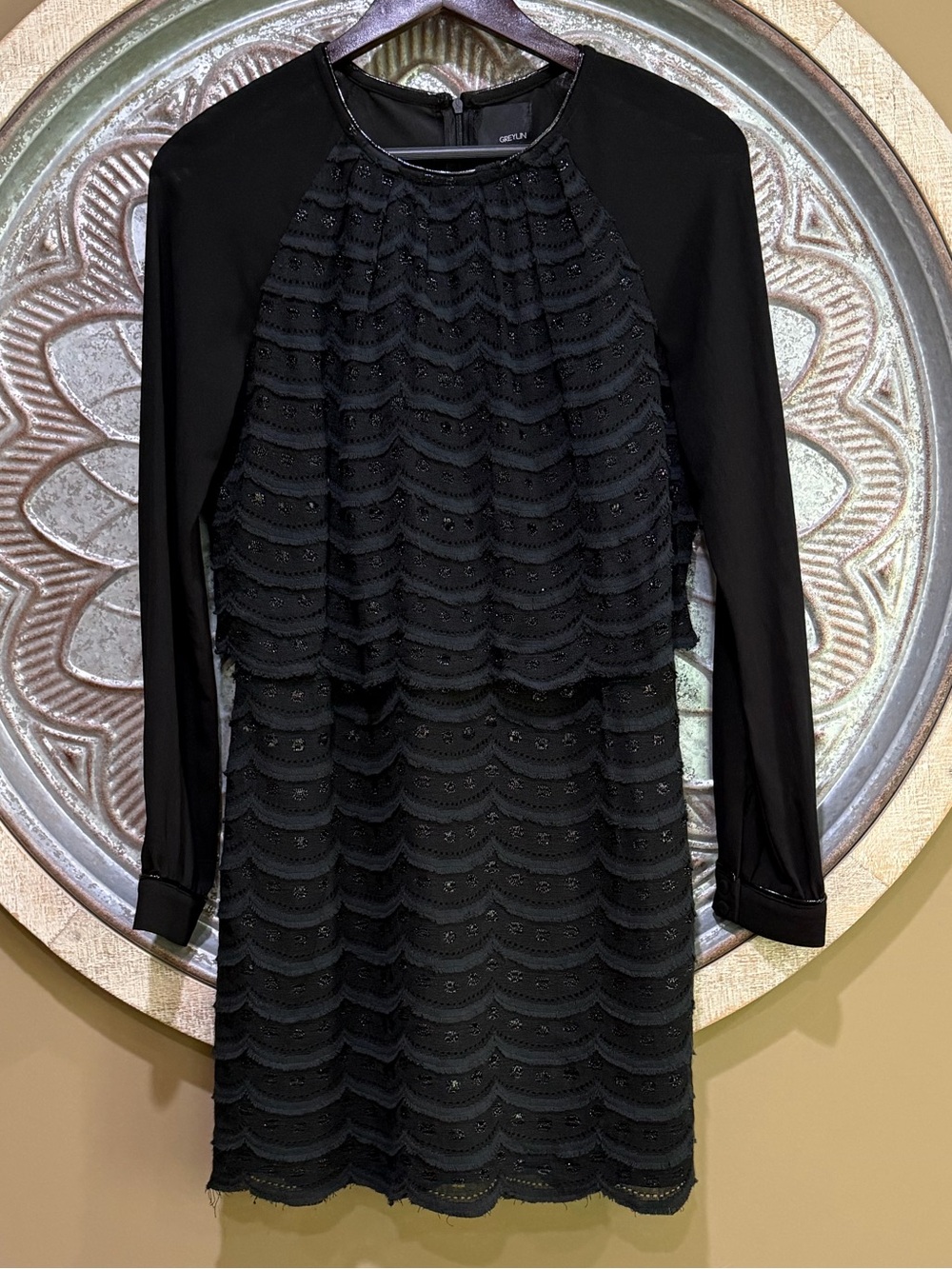 Greylin Black Scallop Lace Sheer Long-Sleeve Crew Neck Mini Dress NWOT
